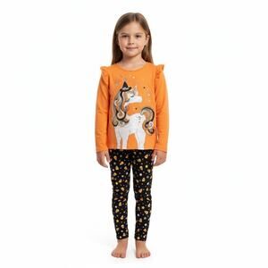 Spooky Night Girls Orange Black Unicorn Sequin Ruffle Halloween 2PC Set Size 5/6